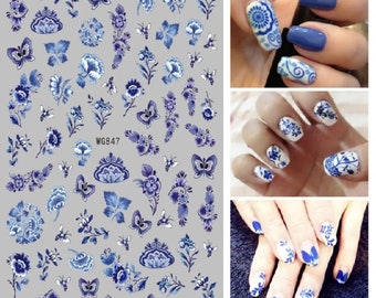 Blue Flower Nail Art Decals Stickers DIY Nail Decals Spring Simple Floral Leaf DIY Slider for Manicure #847