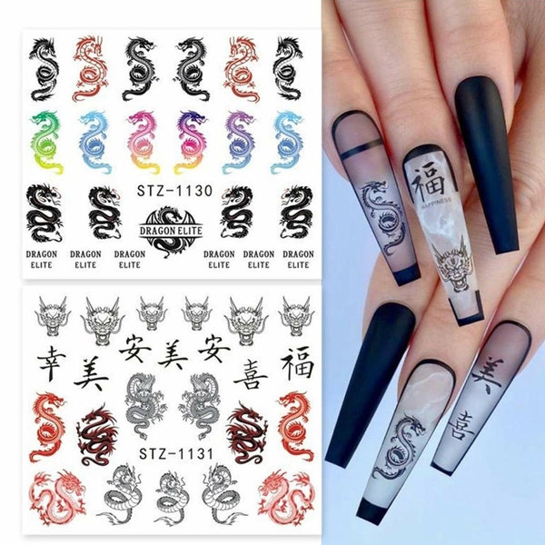 Nail Art Water Decals Stickers Transfers Chinese Snake Dragon Elite Chinese Letters Zodiac Gothic Goth Diy Nail Art Decorations #1130, 1131