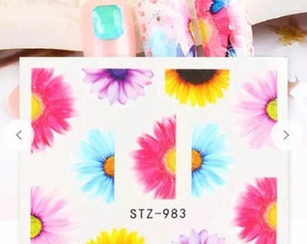 Daisy Floral Nail Art Water Decals: Leaf & Feather Designs