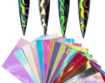 Holographic Fire Flame Nail Stickers: Self Adhesive Art Decals (16pcs)