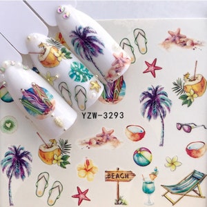 Nail Art Water Decals Nail Stickers Summer Vacation Beach Sunglasses Watercolor  Stickers Nail Designs Transfer Nail Wraps (3293)