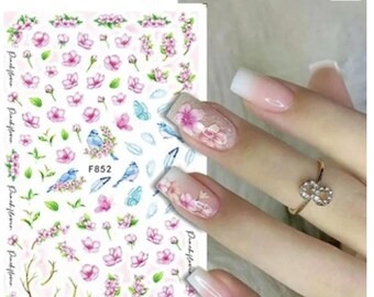 Pink Flower Butterfly Birds Nail Sticker Self-Adhesive 3D Nail Art Stickers #852
