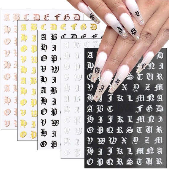 Old English Letter Nail Stickers Small Size - Black Gold White