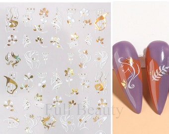 White Gold Floral Nail Stickers: 3D Holographic DIY Nail Art