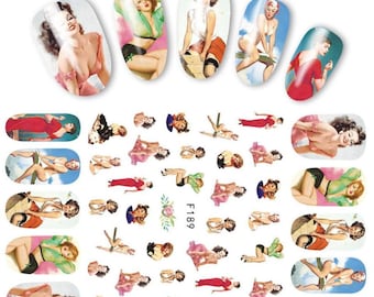 Nail Art Decals Self-Adhesive Stickers Water Effect Vintage Pinup Girls DIY Nail Art Decal (F189)