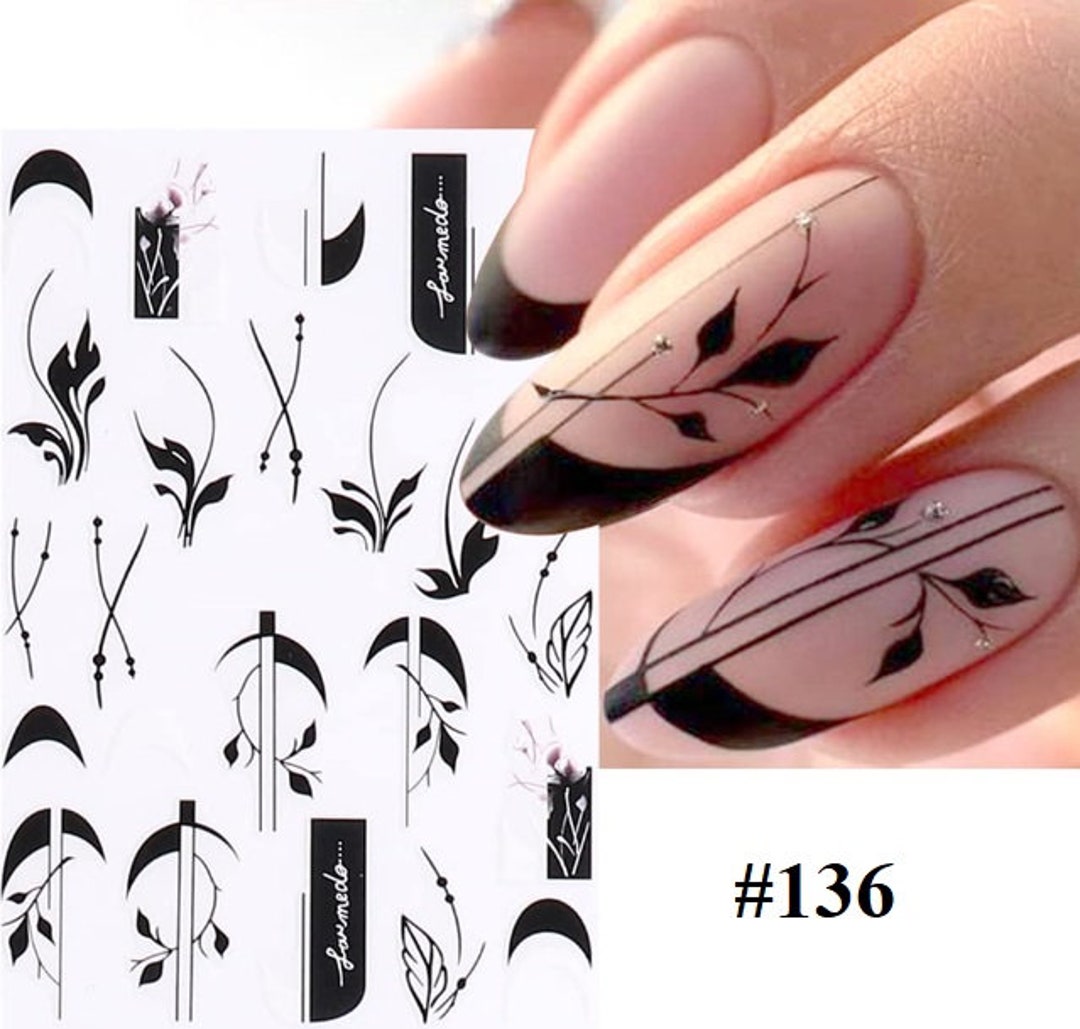 Black White French Tips Flower Leaf 3D Nail Sticker - Etsy