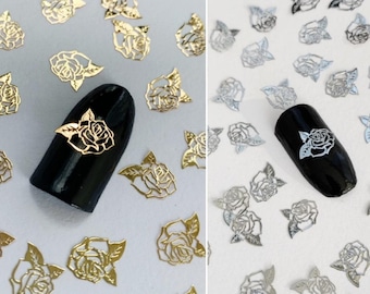 Rose Nail Charms: Gold & Silver Metal Flower Art Decals (10/20/50 Pcs