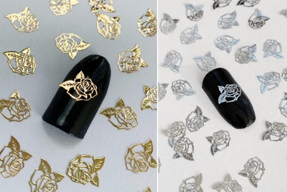 Rose Nail Charms: Gold & Silver Metal Flower Art Decals (10/20/50 Pcs