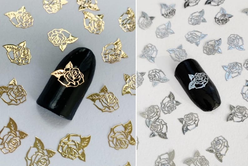 Rose Nail Charms: Gold & Silver Metal Flower Art Decals (10/20/50 Pcs image 1