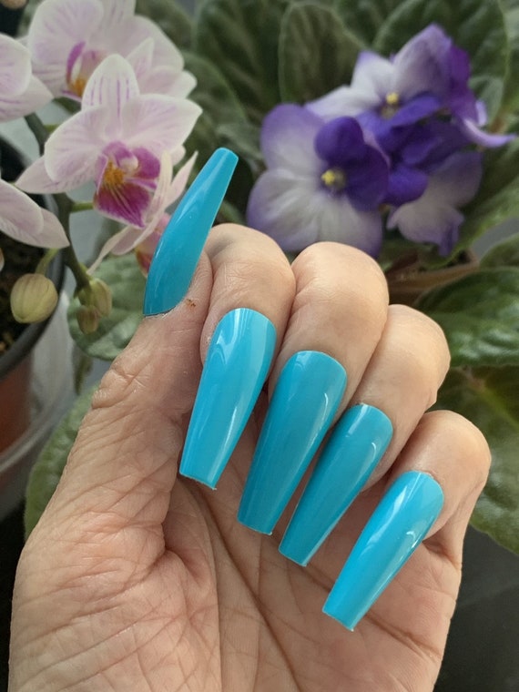 Oh Snap Blue Glossy Press On Nails Glue On Nails Long | Etsy
