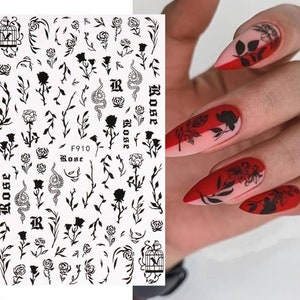 Black White Gothic Rose Nail Sticker Snake Flower Self-Adhesive 3D Nail Art Stickers #910