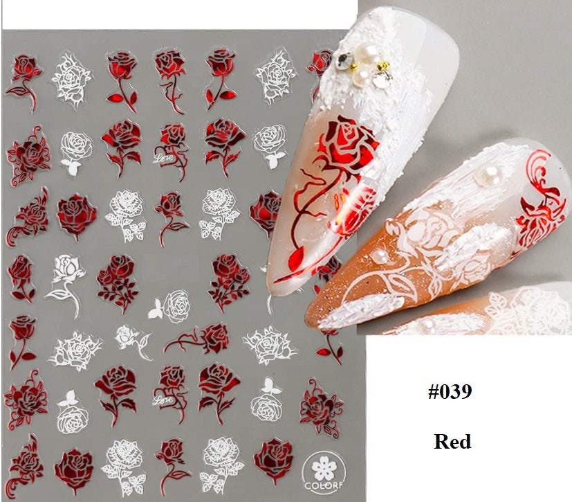 Valentine's Day Red Rose 3D Holographic Floral Nail Sticker Self-Adhesive Sticker DIY Nail Art Decals #039