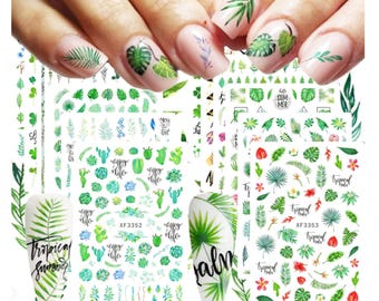 Palm Leaf Nail Art Decals: Green Succulents, Cactus Nail Stickers
