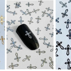 Hollow Cross Nail Charms: Gold, Silver, Black Metal Decals