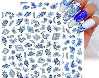 Blue Floral Nail Art Decals: Spring Flower DIY Stickers