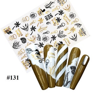 Floral Palm Tree Nail Art Stickers: Black & Gold 3D Decals