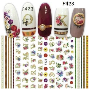 Decalques para arte em unhas, adesivos autoadesivos com efeito de água, alfabeto, letras, tiras de flores, padrão, outono, faça você mesmo, decalque para arte em unhas (f423)