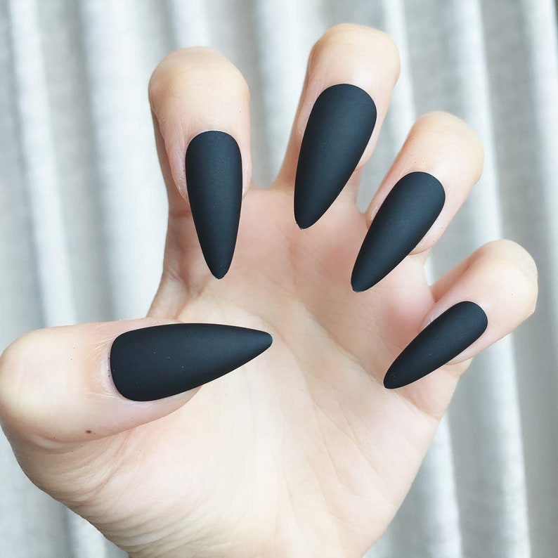 Black Matte Long Stiletto Glue on Nails Stiletto Press - Etsy