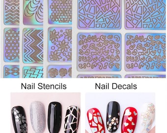 6-24 Sheets DIY Nail Art Hollow Laser Sticker Stencil Gel Polish Nail Vinyl Tip Image Transfer Guide Stencil Irregular Pattern Mixed Decals