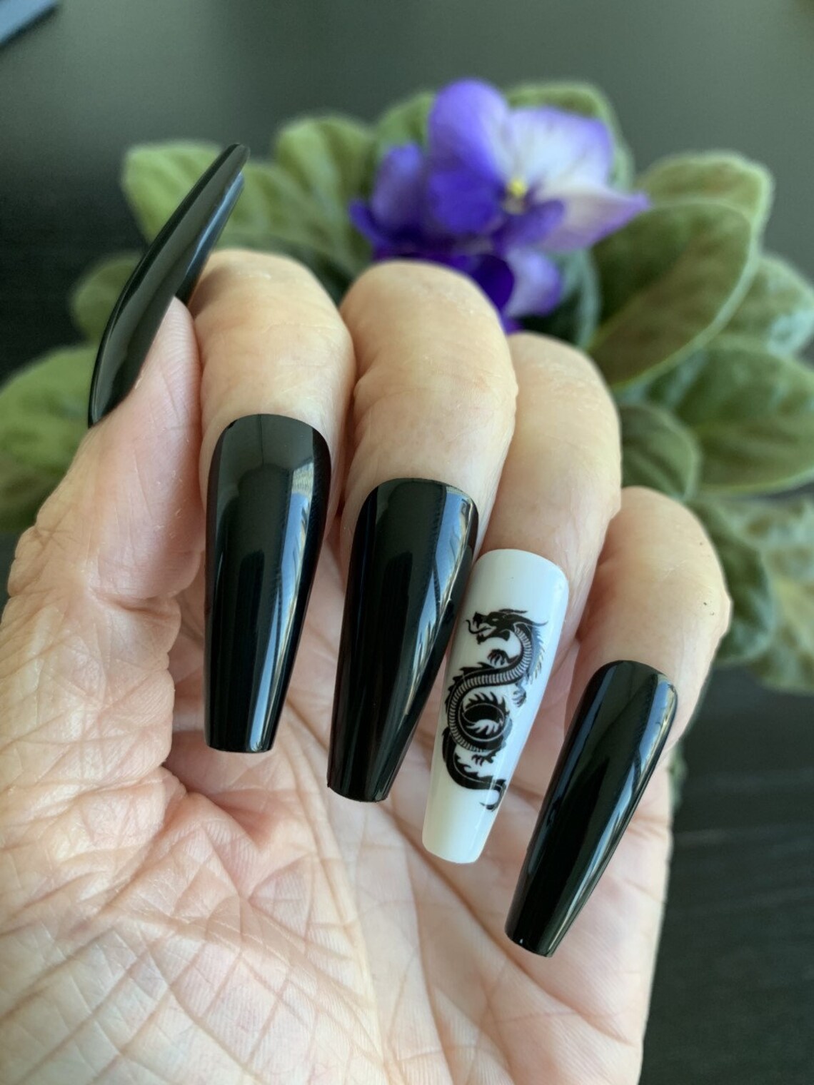 Black Dragon Glossy Press On Nails Long Coffin Glue On Etsy