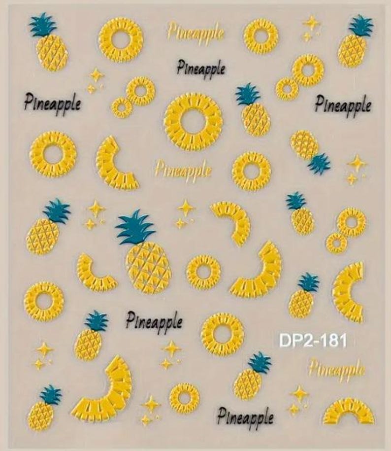 Lemon Pineapple French Tip Nail Stickers for Kids: 3D Self-Adhesive Nail Art DP2-181