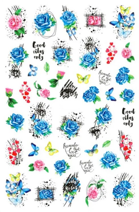 Stickers Autocollants Nail Art – Motif Fleurs Bleues Et Roses – Accessoire Ongles Neuf, Made In France
