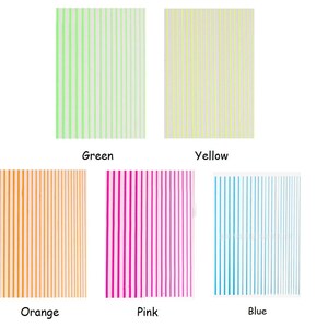 May include: Five different colored striped patterns on a white background. The colors are green, yellow, orange, pink, and blue.