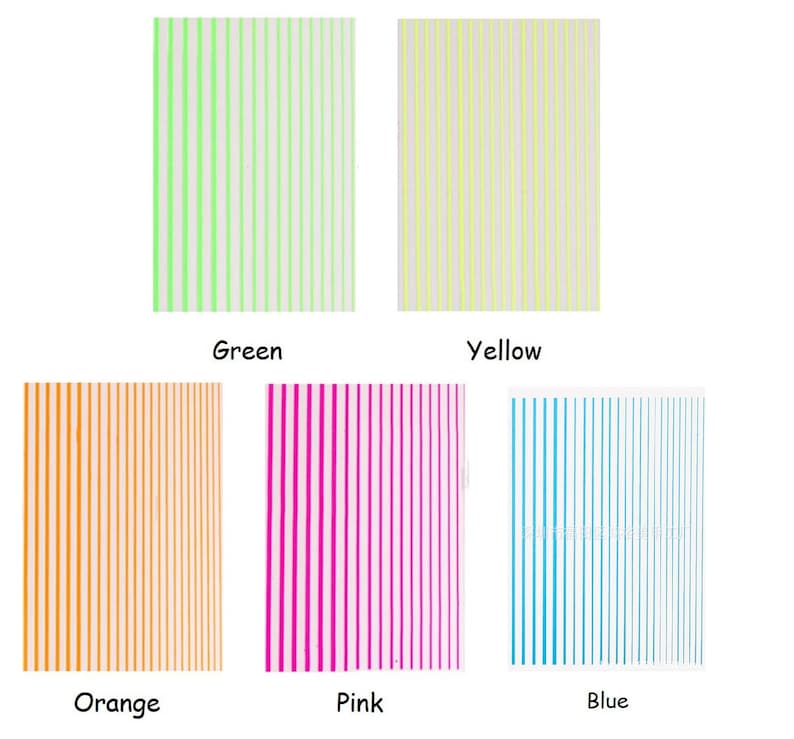 May include: Five different colored striped patterns on a white background. The colors are green, yellow, orange, pink, and blue.