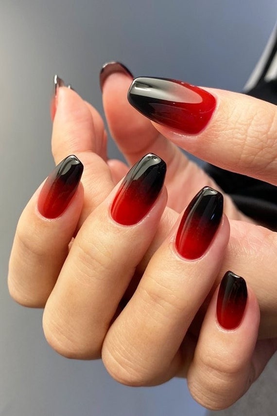 Red Color Ombre Black Tip Glossy Coffin Press on Nails - Etsy Norway