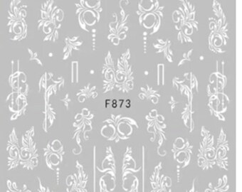 Self-Adhesive Nail Art Decals: Black, White, Floral Leaf Design (F873)