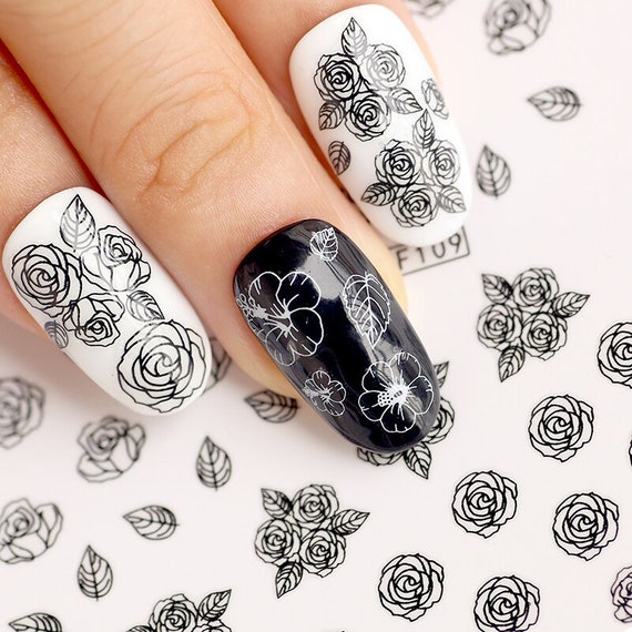 Stickers Autocollants Nail Art Motifs Roses Fond Noir - Accessoire Ongles - Neuf France