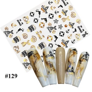 Gold Summer Beach Nail Art Stickers: Dolphin, Mermaid, Seashell 3D
