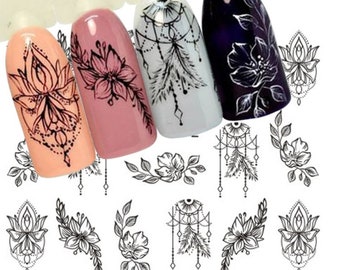 Série de fleurs pour nail art, autocollants noirs pour transfert d'eau, tatouages géométriques floraux, filigrane à faire soi-même, décalcomanies à ongles DIY, décoration de manucure (772)