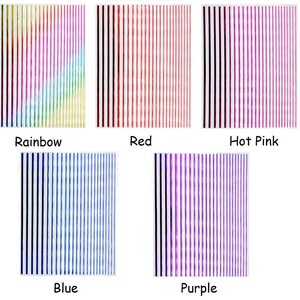 May include: Five swatches of metallic paint showing different colors: rainbow, red, hot pink, blue, and purple.