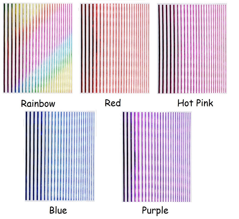 May include: Five swatches of metallic paint showing different colors: rainbow, red, hot pink, blue, and purple.