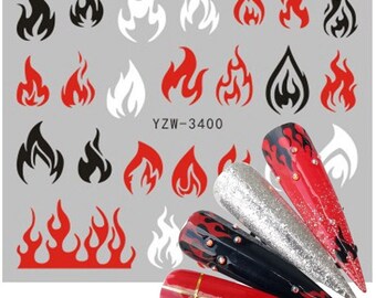 Flame Nail Art Stickers: Red, Black & White Fire Decals