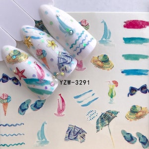 Nail Art Water Decals Nail Stickers Summer Vacation Beach Ice cream Sunglasses Watercolor  Stickers Nail Designs Transfer Nail Wraps (3291)