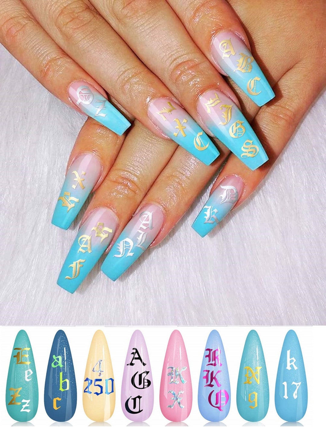 Baby blue LV acrylic nail design, how to paint LV nails