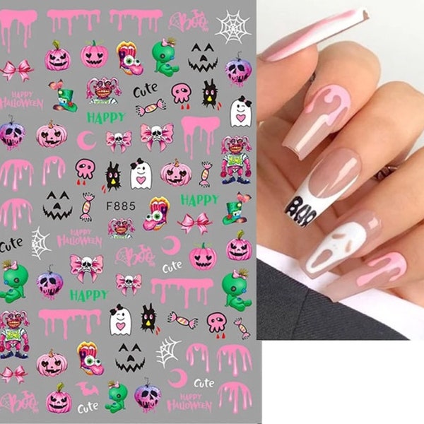 Halloween Pink Pumpkin Dripping Blood Spider Web Skull Eyeball Nail Sticker Self-Adhesive 3D Nail Art Stickers #885