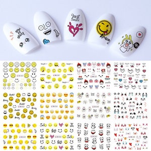 Adesivos de água para unhas com carinhas sorridentes: tatuagens de emojis para unhas