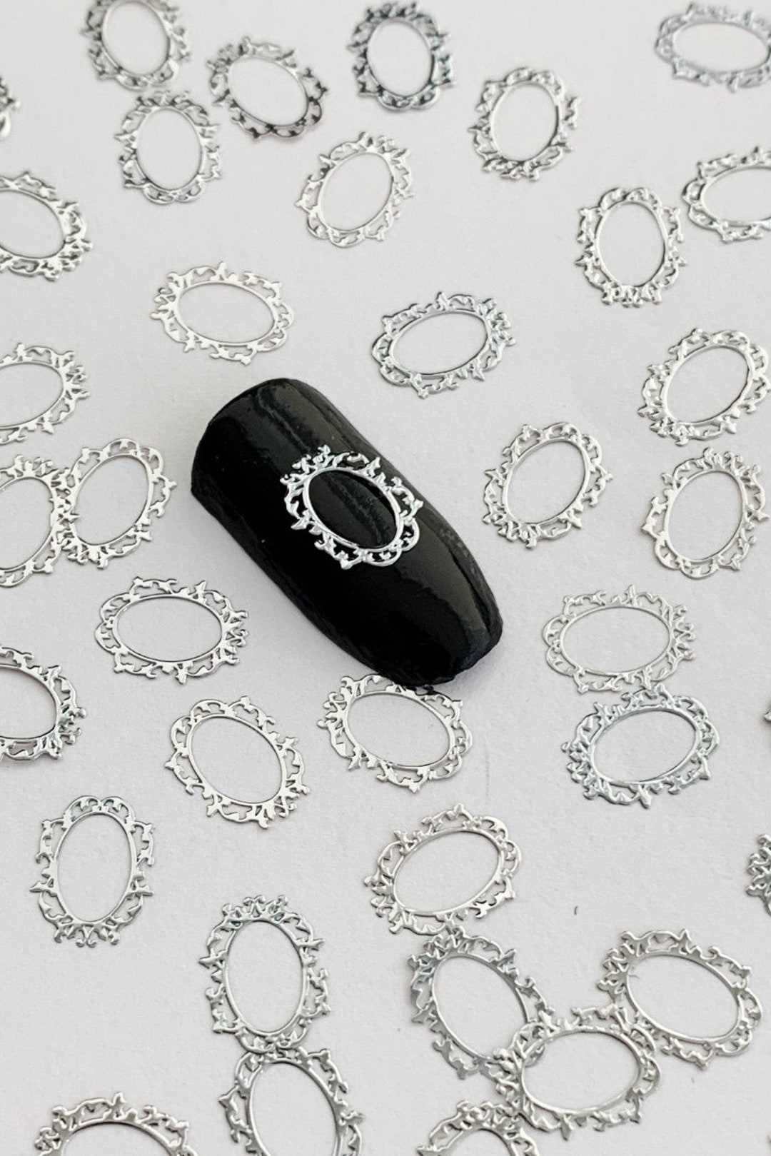 Silver Metal Floral Frames Nail Decals, Frame Nail Art Charms, Resin