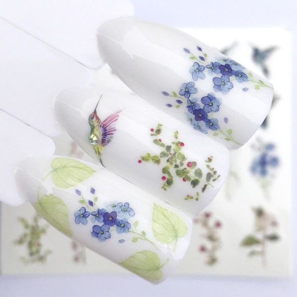 Nail Art Water Decals Spring Summer Flowers Floral Hummingbird Bird Fern Leaf Nail DIY Designs Transfer Nail Wraps (3107)