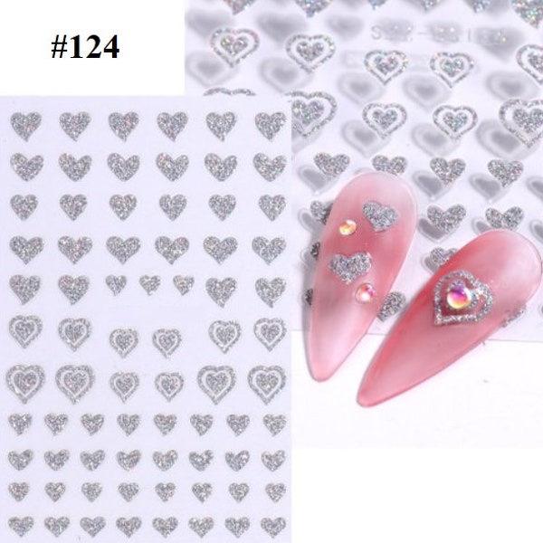 Silver Glitter Heart Nail Art Stickers Self-Adhesive 3D Nail Art Stickers #124