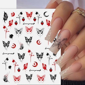 Black Red Gothic Butterfly Moon 3D Nail Sticker Self-Adhesive Sticker DIY Nail Art Decals #2359