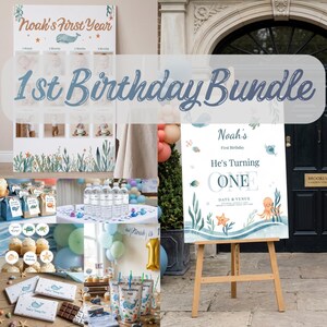 May include: A collection of party supplies for a first birthday celebration. Includes a sign that reads "Noah's First Year" and "1st Birthday Bundle". Other items include cupcakes, water bottles, and party favors with a nautical theme.
