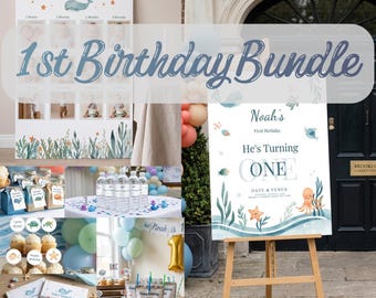 Ocean Theme  Birthday Party Bundle – Editable Canva Templates (Digital Download)
