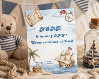 Pirate Ship Birthday Invitation, Treasure Hunt Party Invite, Kids (Digital Download)