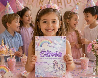 Unicorn Birthday Invitation Template, Rainbow Magical Party Invite (Digital Download)