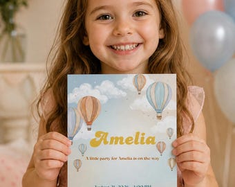 Hot Air Balloon Birthday Invitation, Pastel Sky Party Invite, Kids Adventure (Digital Download)