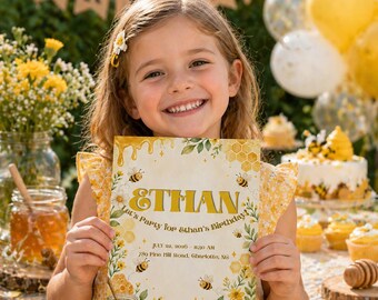 Editable Bee Birthday Invitation Template, Honey Bee Party Invite (Digital Download)